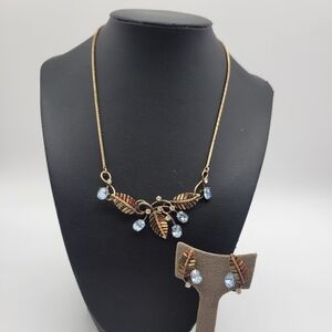 Vintage Vandell Gold filled leaf blue Rhinestone necklace and Screwback earrings